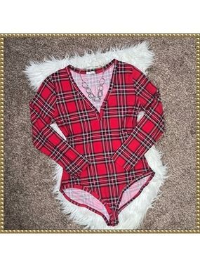 LA Gypsy Red Plaid V Neck Long Sleeve Bodysuit Plus Size 1X
